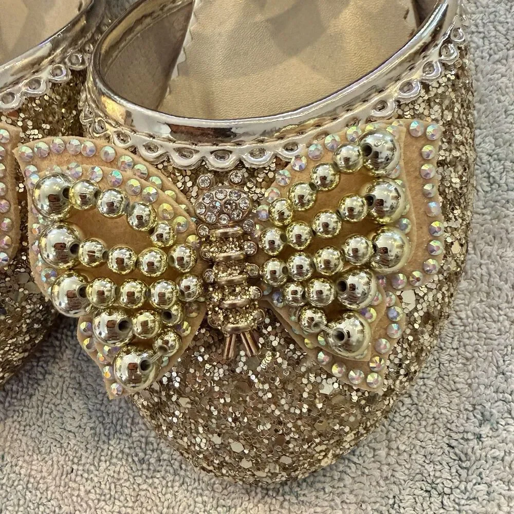 Trish Scully Gold Girls Shoes 4 Heels Butterfly Rhinestone Bling Formal Dance 36